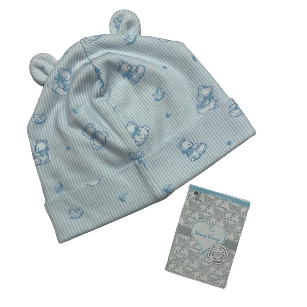 NWT Kissy Bear Ear Blue Striped Baby Hat with Bear Print SM 0/3m